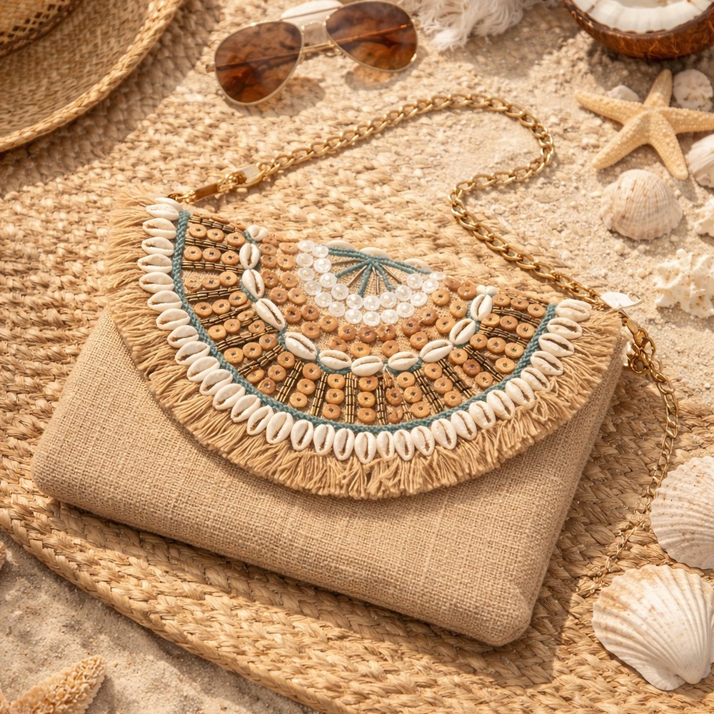Coastal Beaded Straw Clutch with Shell Trim - Natural & Green